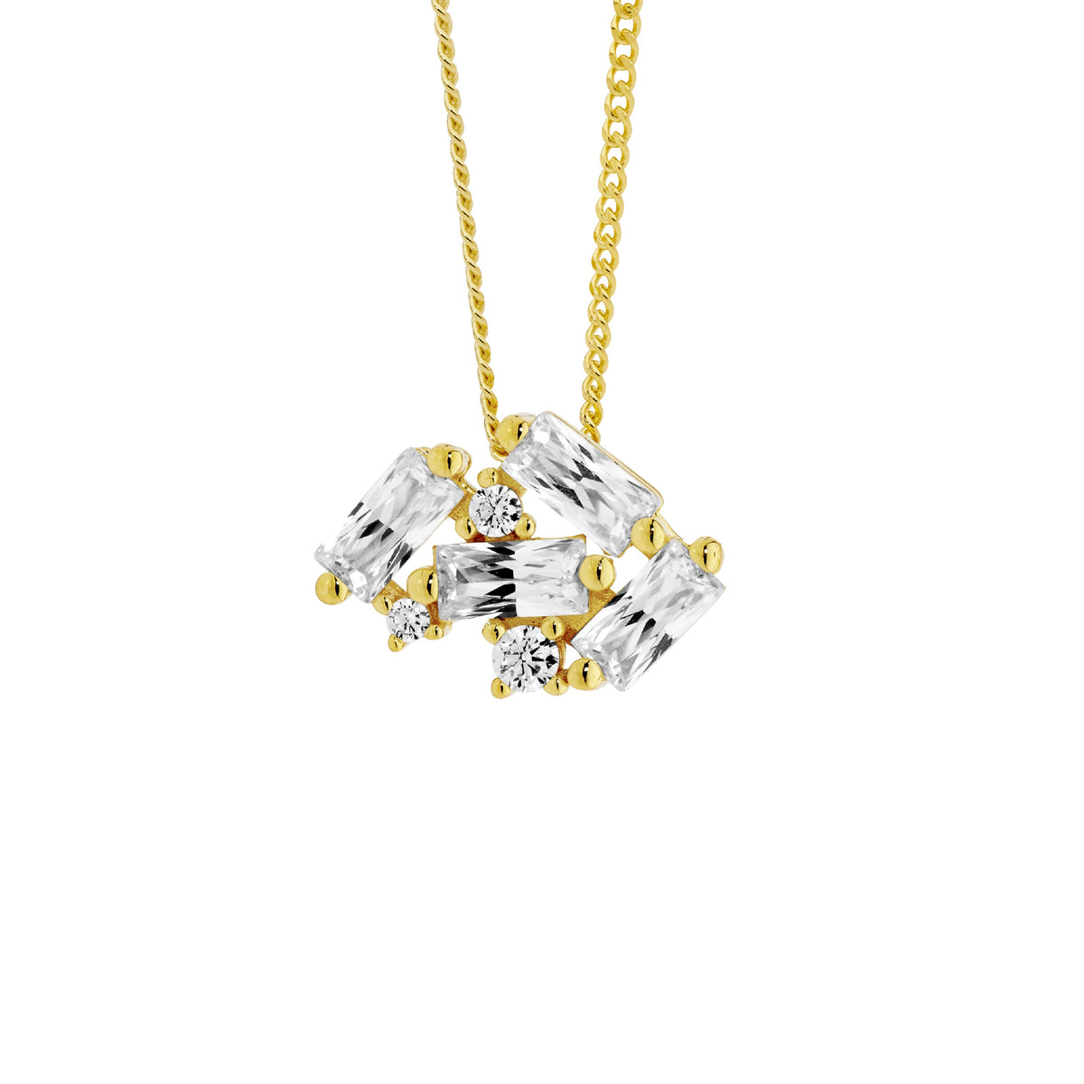Gold staggered round and baguette cubic zirconia pendant