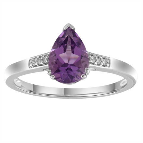 9ct White Gold Teardrop Amethyst and Diamond Ring
