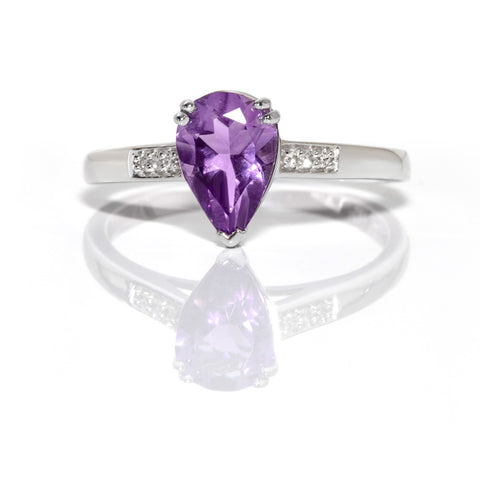 9ct White Gold Teardrop Amethyst and Diamond Ring