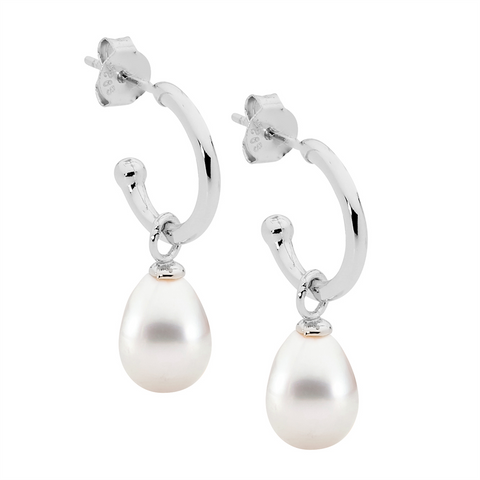 Silver pearl drop hoops
