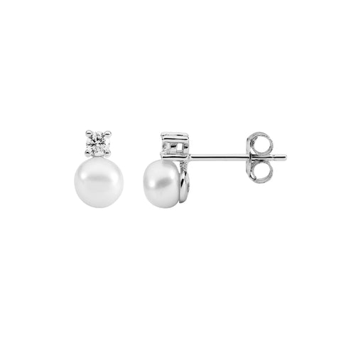 Silver pearl and cubic zirconia studs