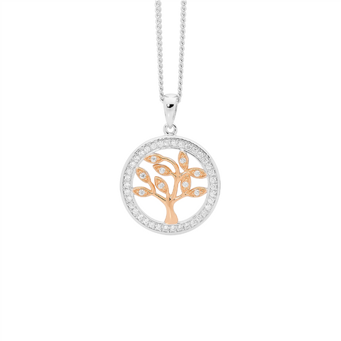 Sterling Silver and Rose Gold Platied Tree of Life Pendant with Cubic Zirconia