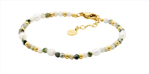 Stainless steel gold plated, agate and pearl bracelet