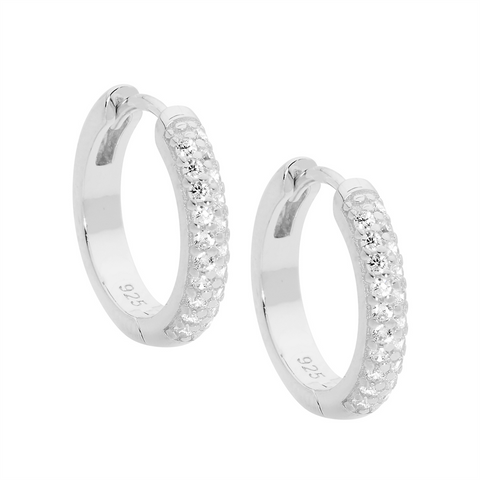 Sterling Silver Hoop Earrings Pave Set With White Cubic Zirconias