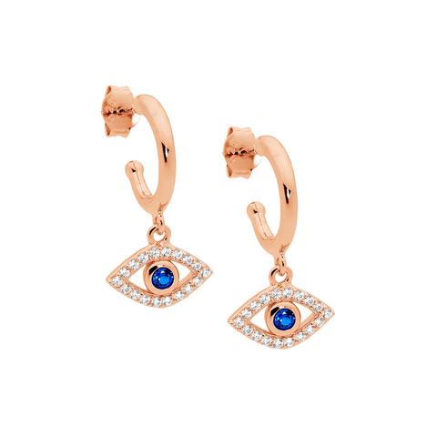 Sterling Silver Rose Gold Plated Drop Evil Eye Earrings