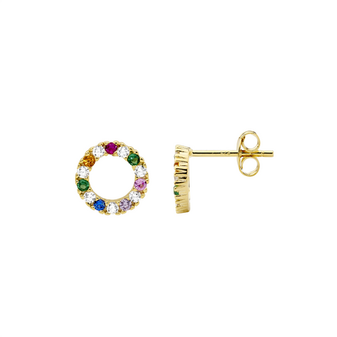 Gold open circle earings with muli-coloured cubic zirconia