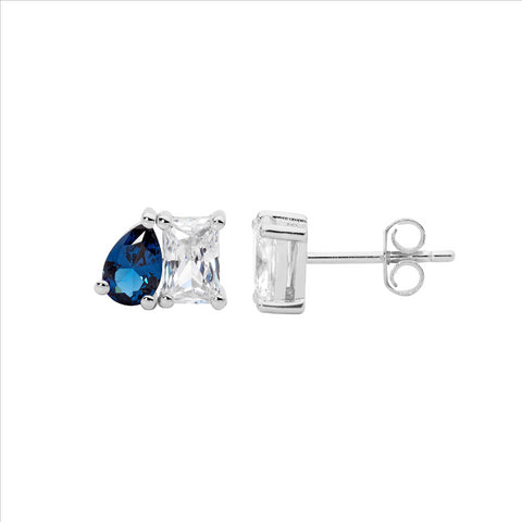 Silver studs with blue and white cubic zirconias