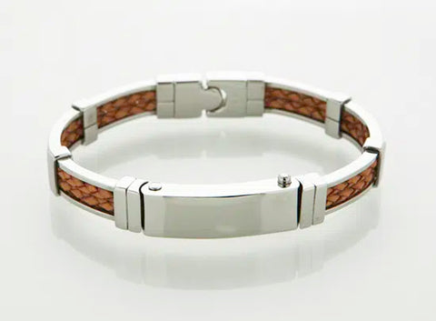 Stainless steel and tan leather bracelet