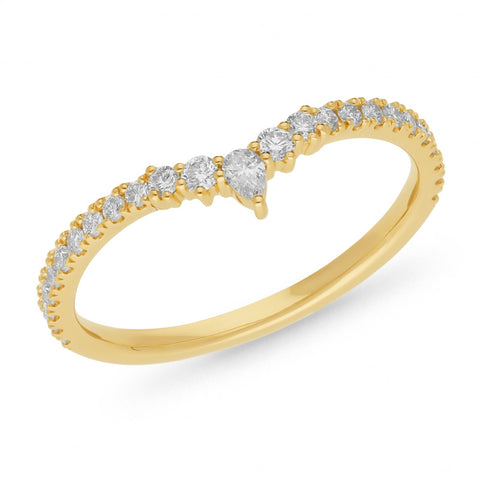 18ct Yellow Gold Contoured Diamond Ring, set with a Singular Pear and Graduating Round H-SI Diamonds, with a total diamond weight of 0.31cts.