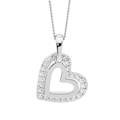 Sterling Silver 14mm Plain and Cubic Zirconia Double Heart Pendant