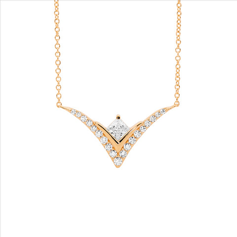 Sterling Silver Rose Gold Plated 'V' Pendant Set With White Cubic Zirconias