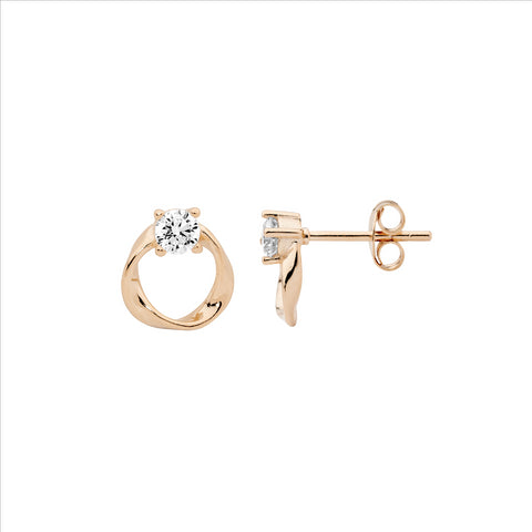 Sterling Silver Rose Gold Plated 9mm Open Circle Twist Earrings with Cubic Zirconia